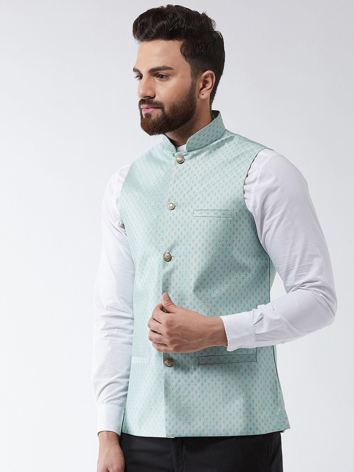 silk blend sea green & gold self design waist coat