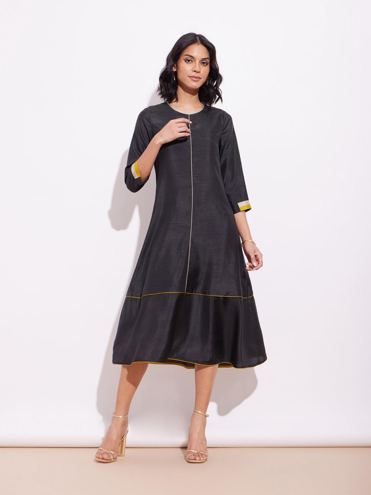 silk blend solid a-line dress - black and yellow