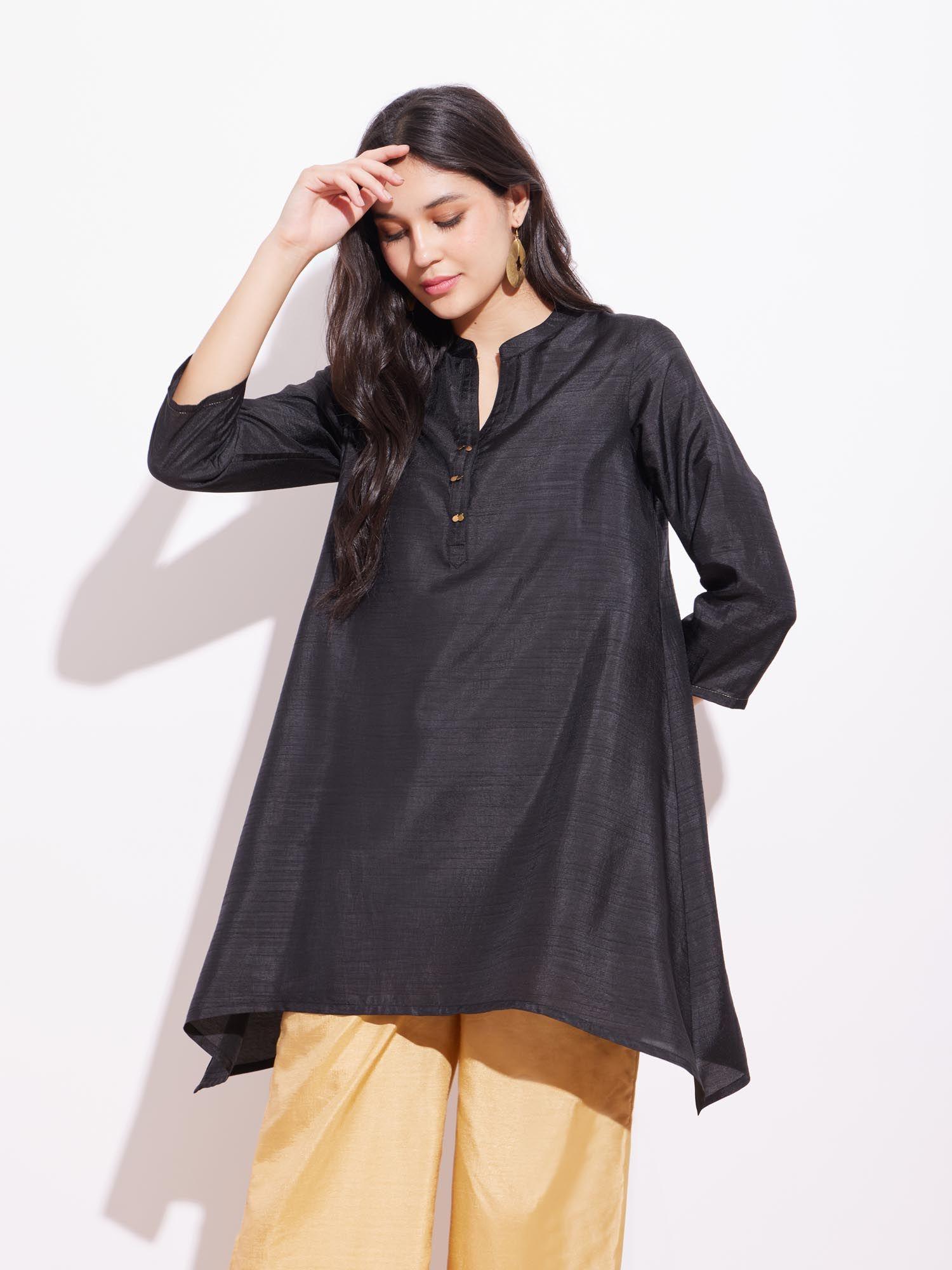 silk blend solid asymmetrical tunic - black