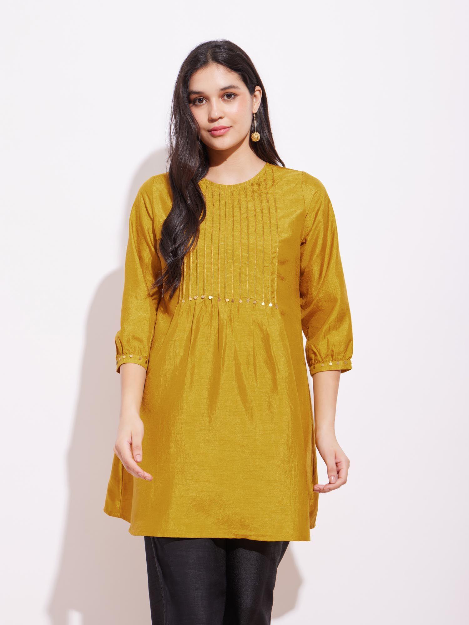 silk blend solid pintuck tunic - mustard