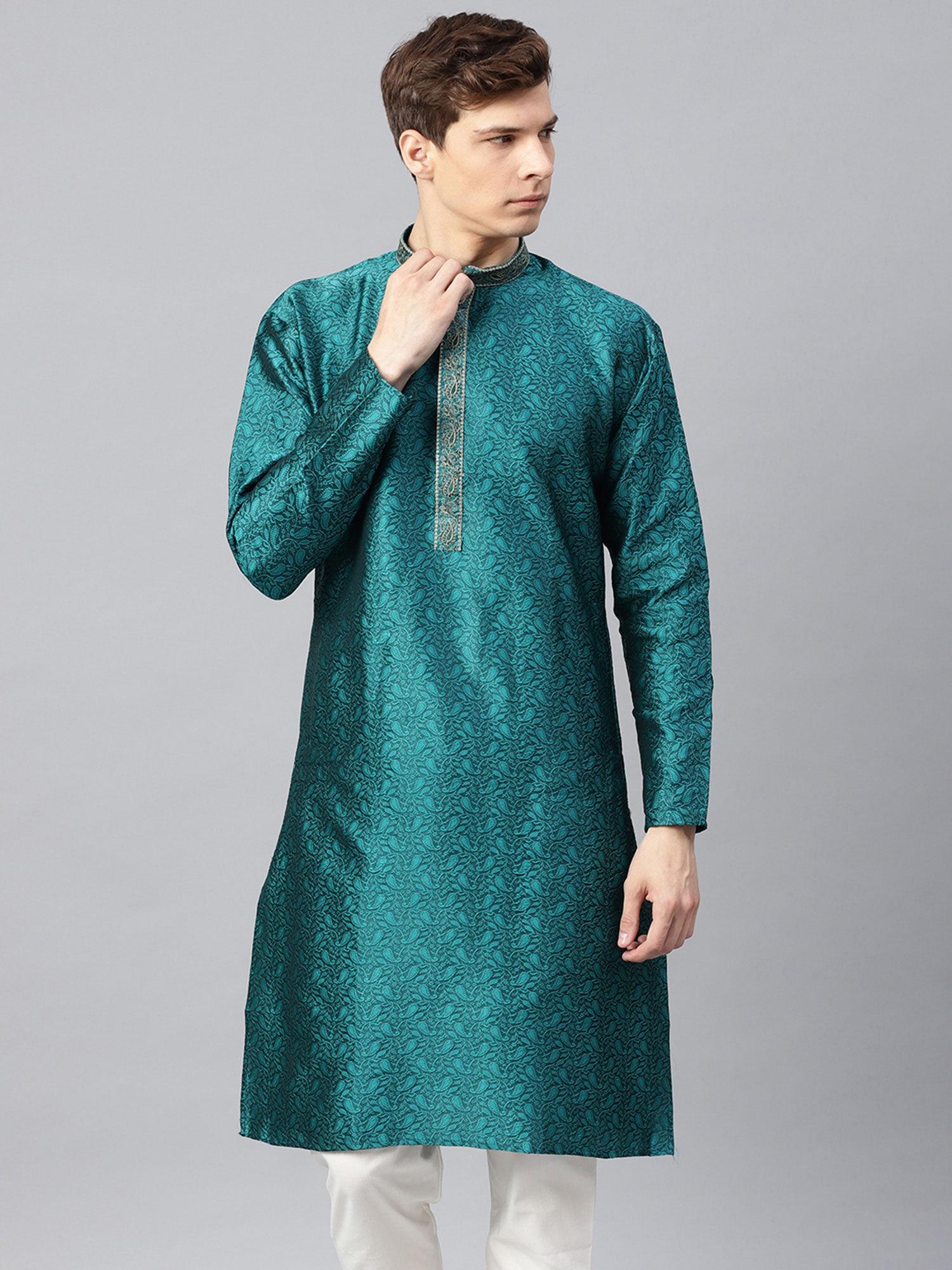 silk blend teal green self design only long kurta