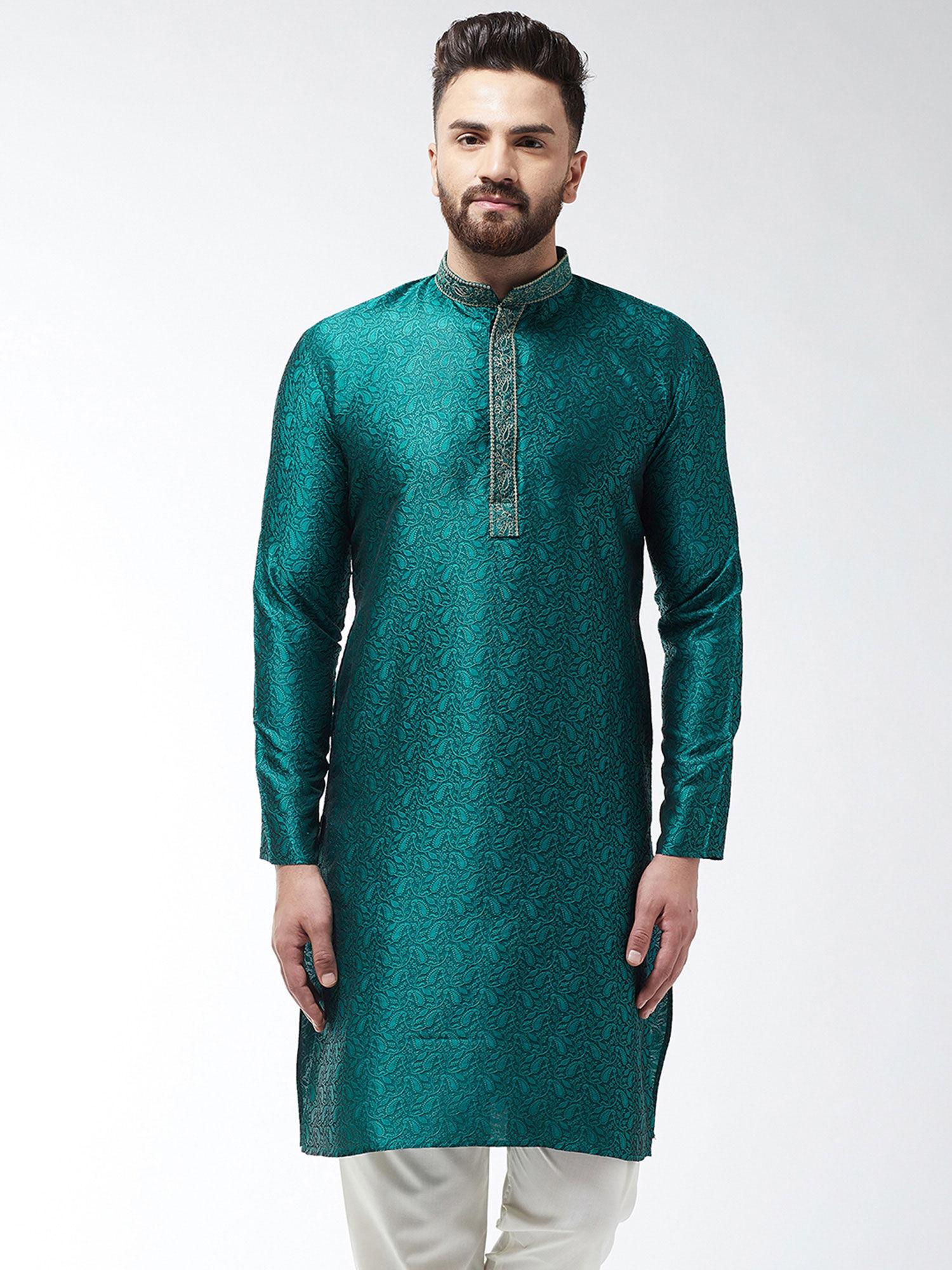 silk blend teal green self design only long kurta