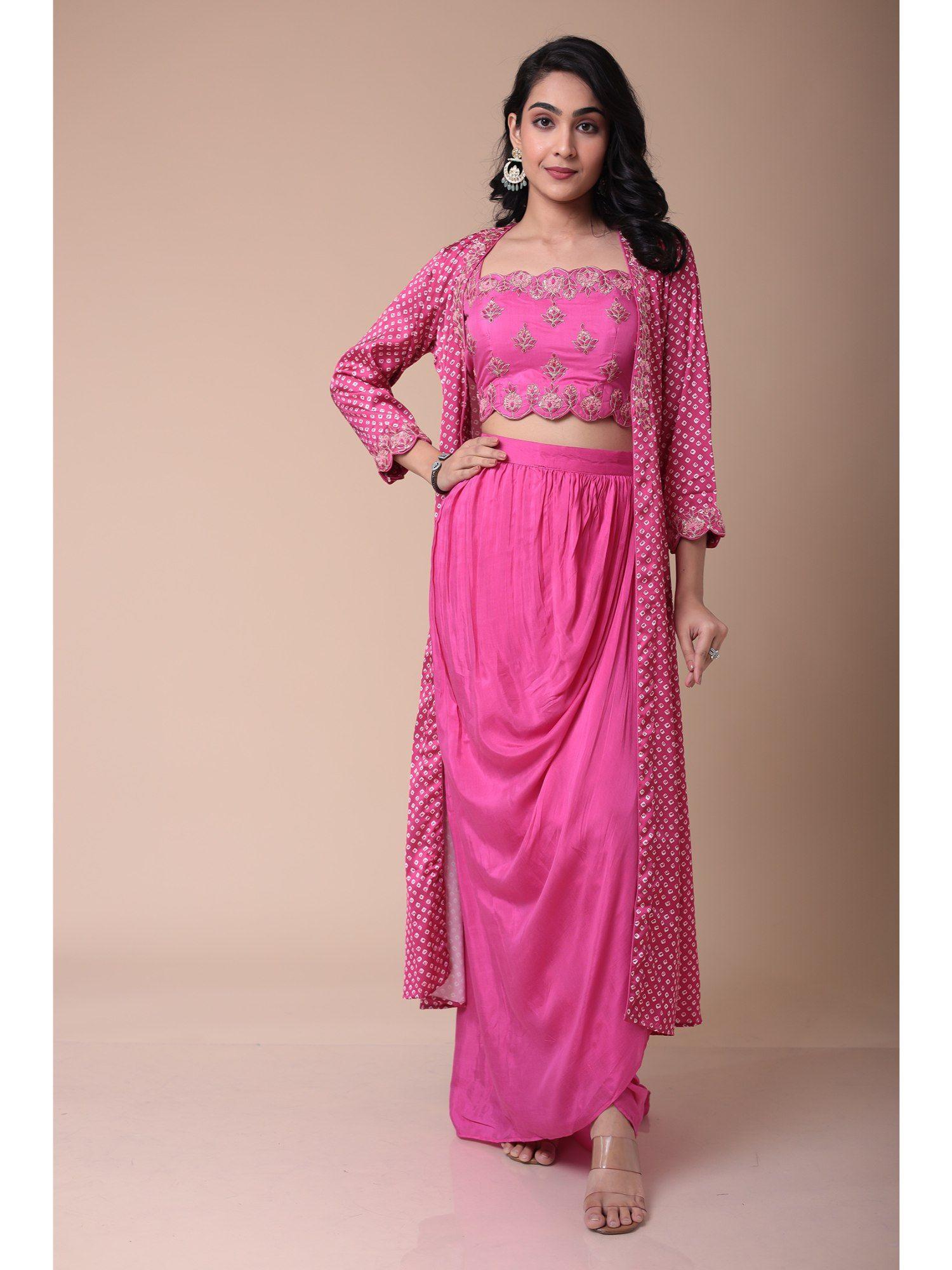 silk blend top & shrug with dhoti pant- pink (set of 3)