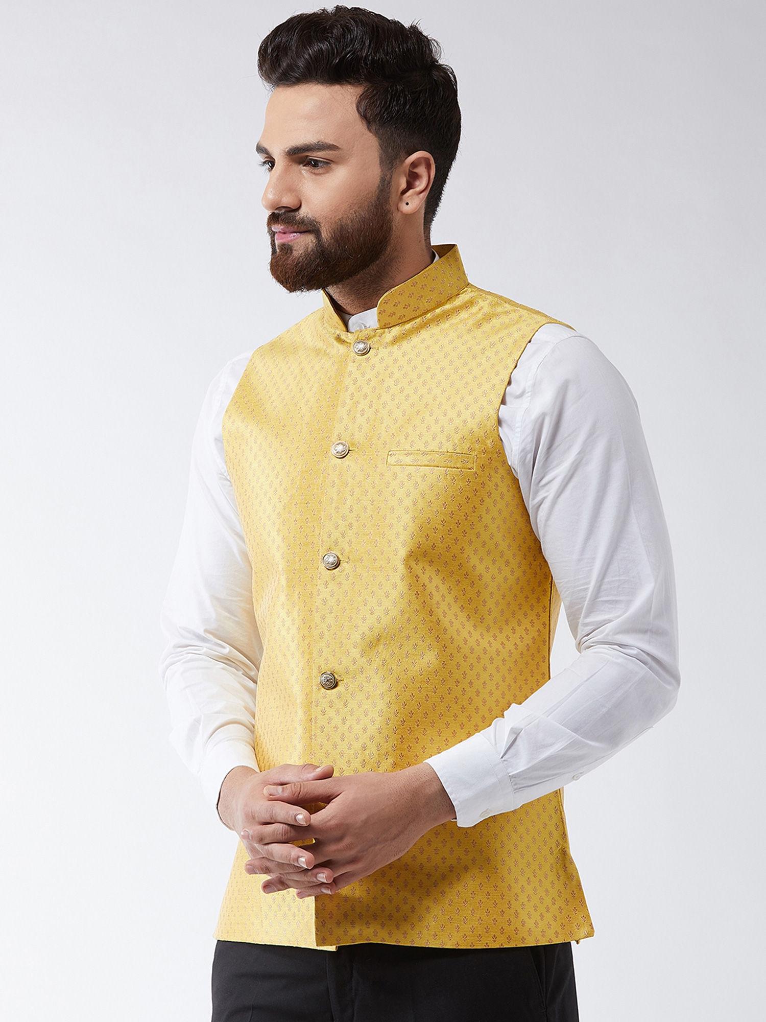 silk blend yellow & gold self design waist coat