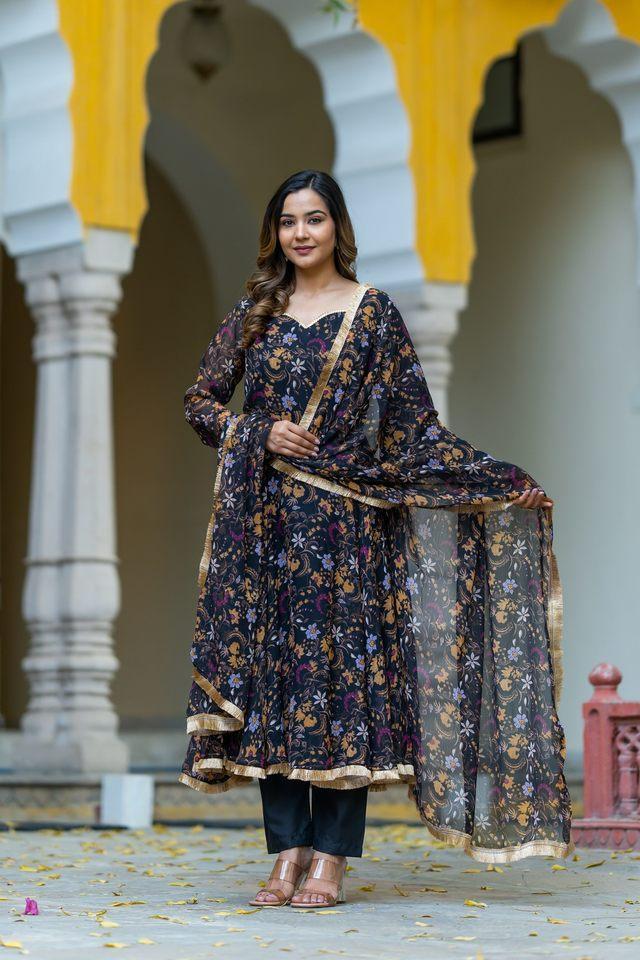 silk chiffon floral printed womens kurta wtith trouser _ dupatta