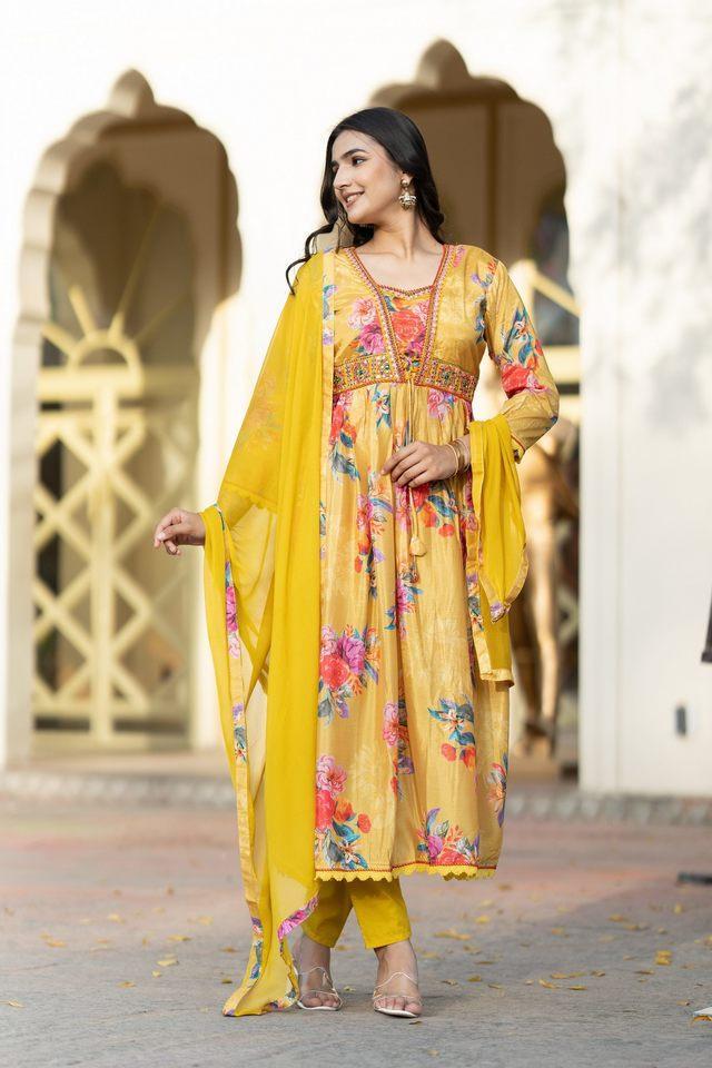 silk chiffon floral printed womens kurta wtith trouser _ dupatta