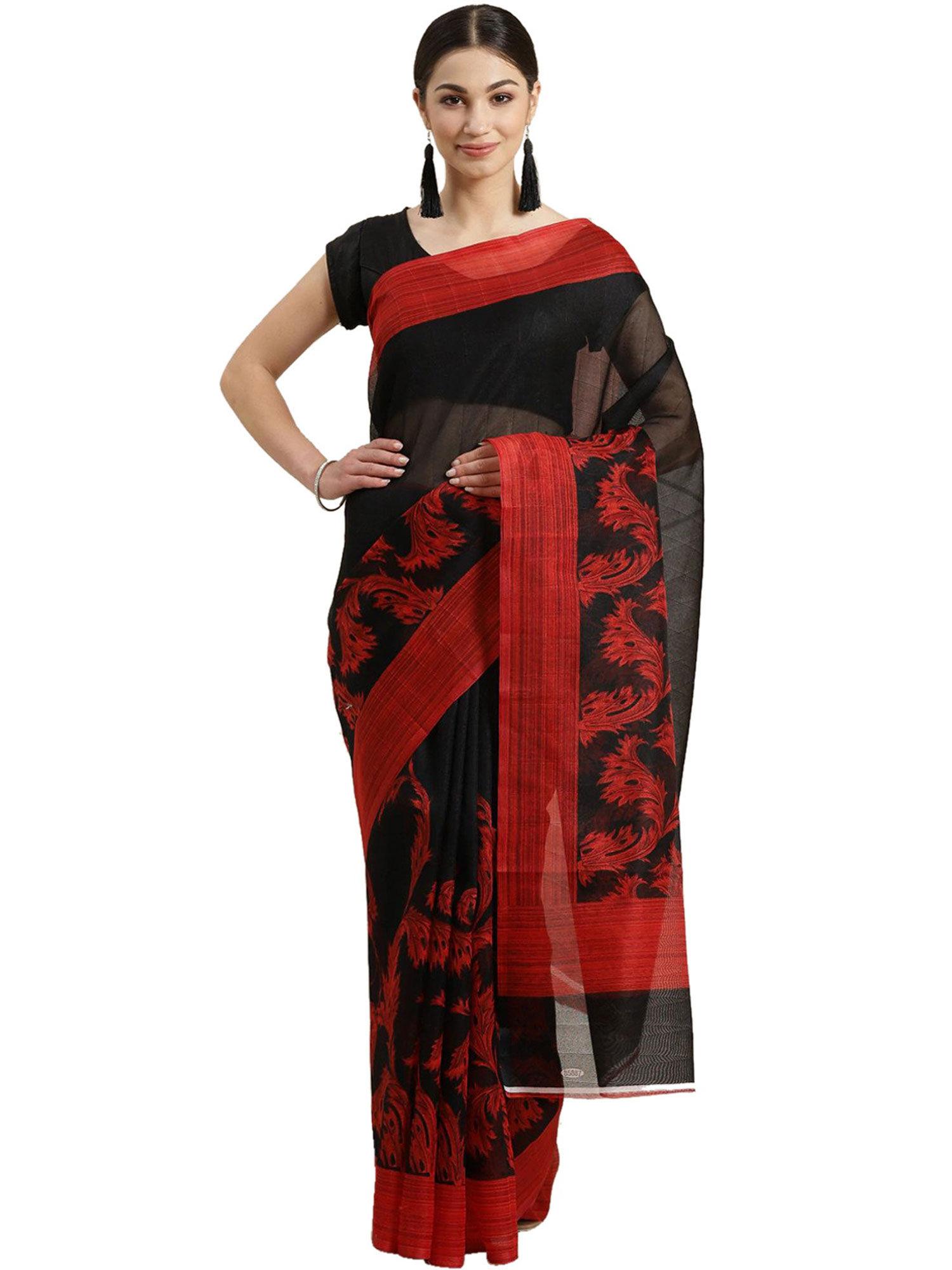silk cotton black red saree with unstitched blouse