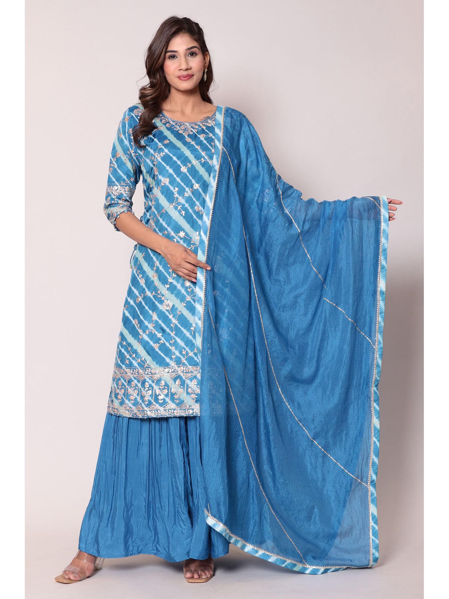 silk dark blue embroidery kurta with sharara & dupatta (set of 3) (s)