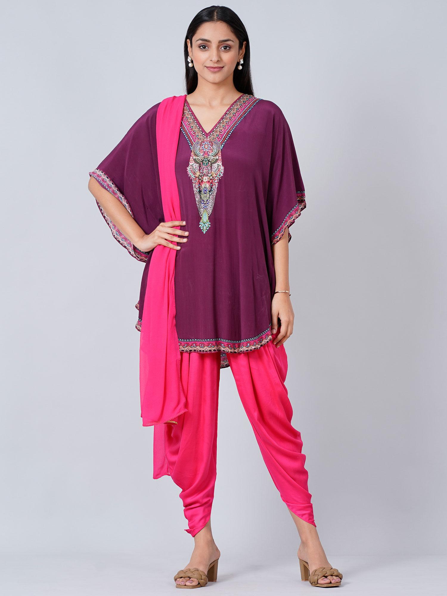 silk embellished tunic with dhoti pants and dupatta (set of 3)