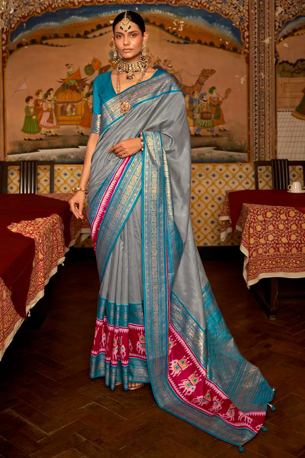 silk gala patola saree in blue and red