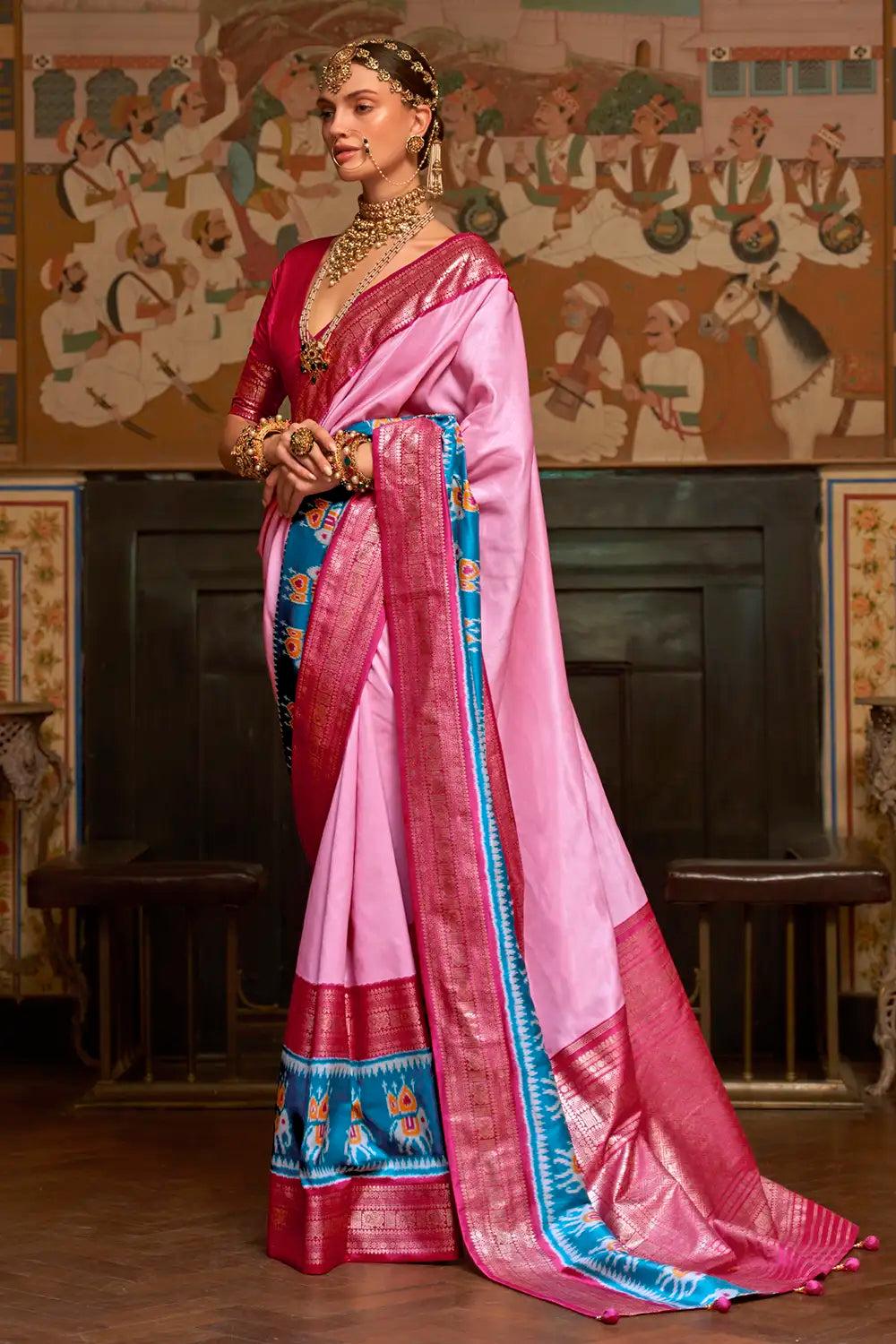 silk gala patola saree in pink colour