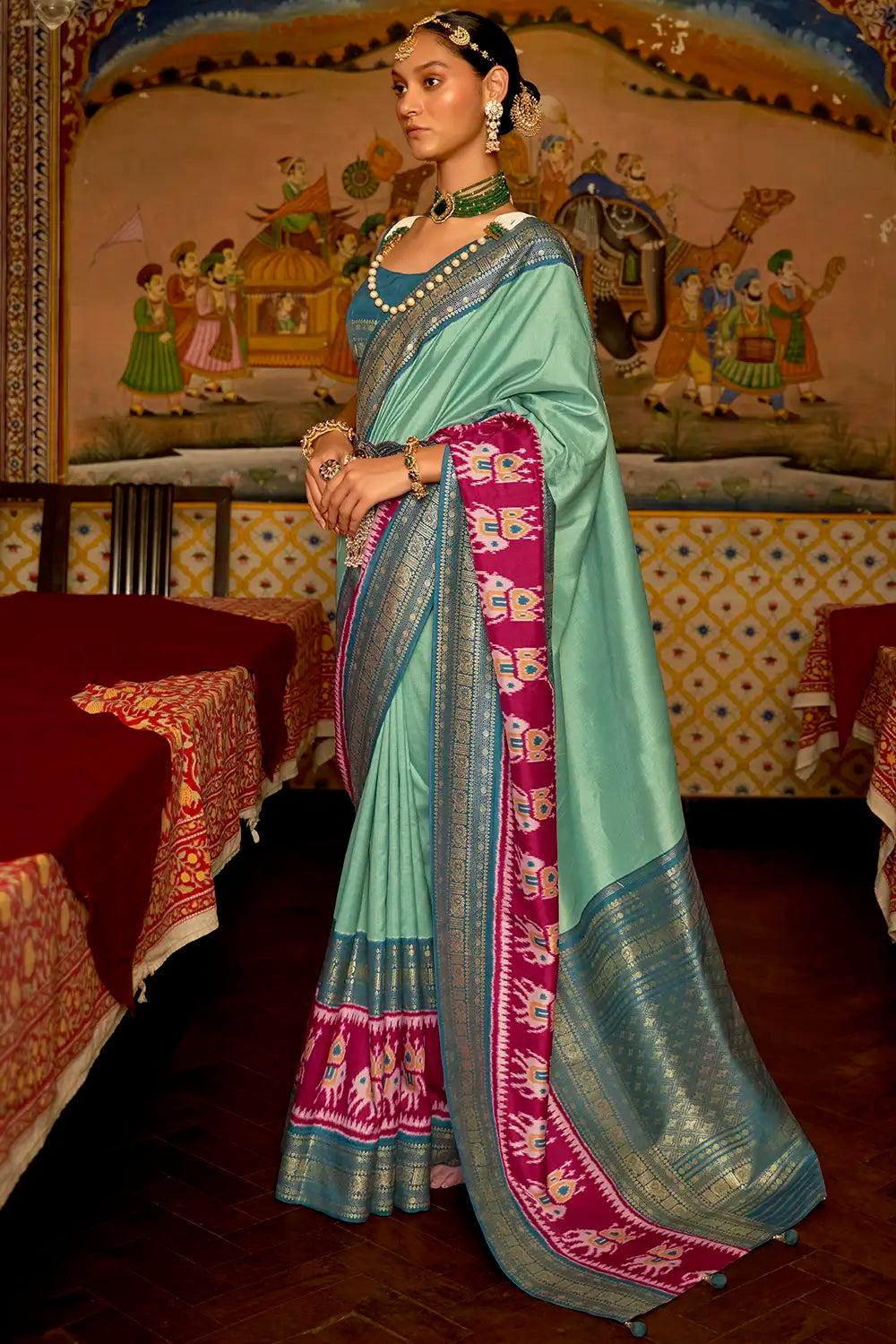 silk gala patola saree in sea green colour