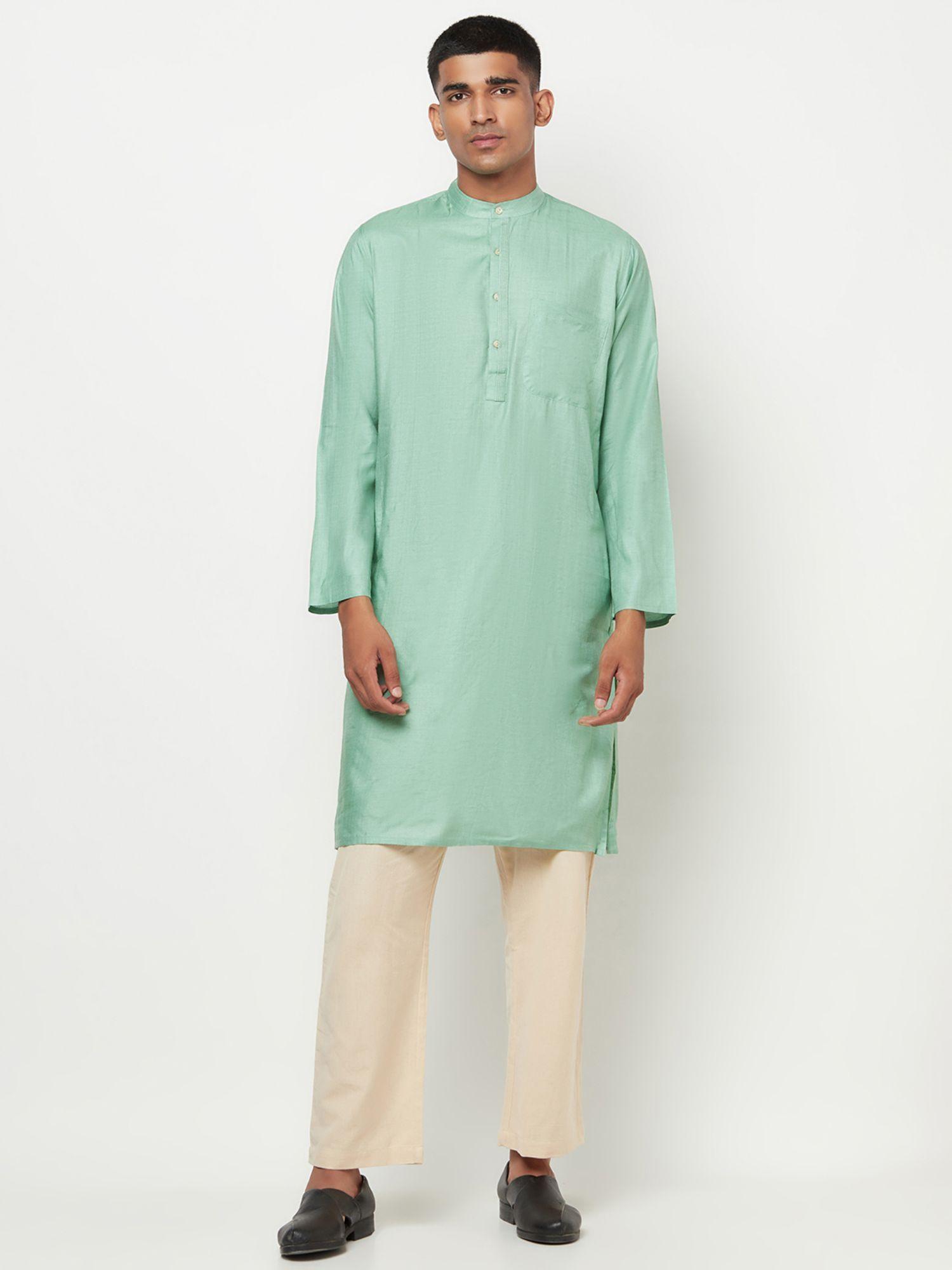 silk green solid men kurta