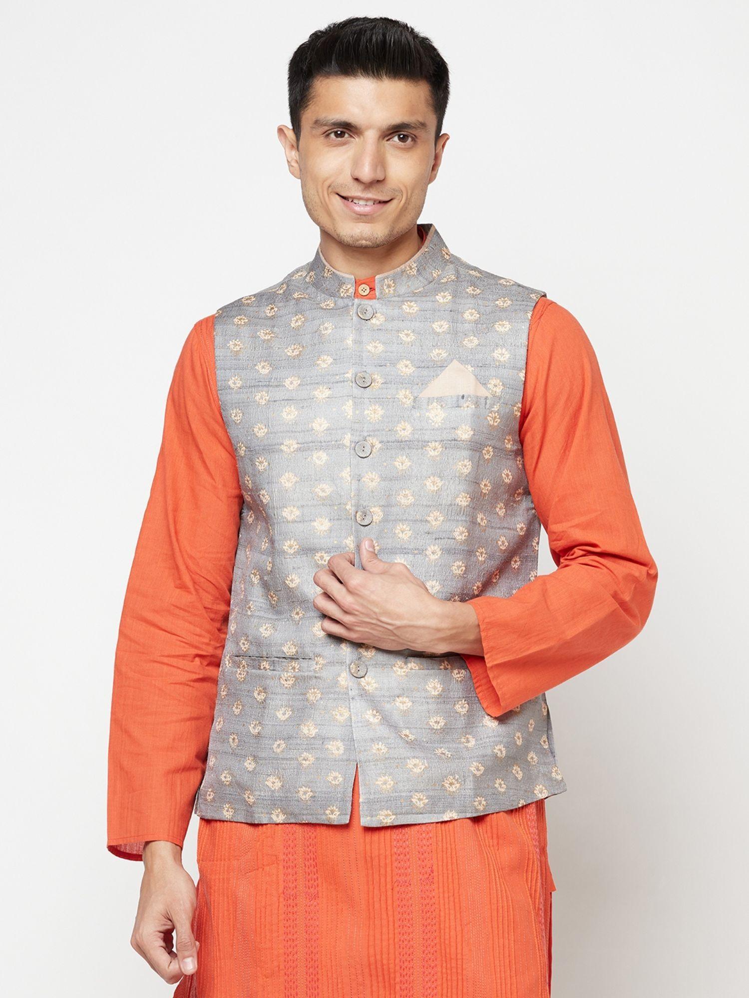 silk grey printed men nehru jacket