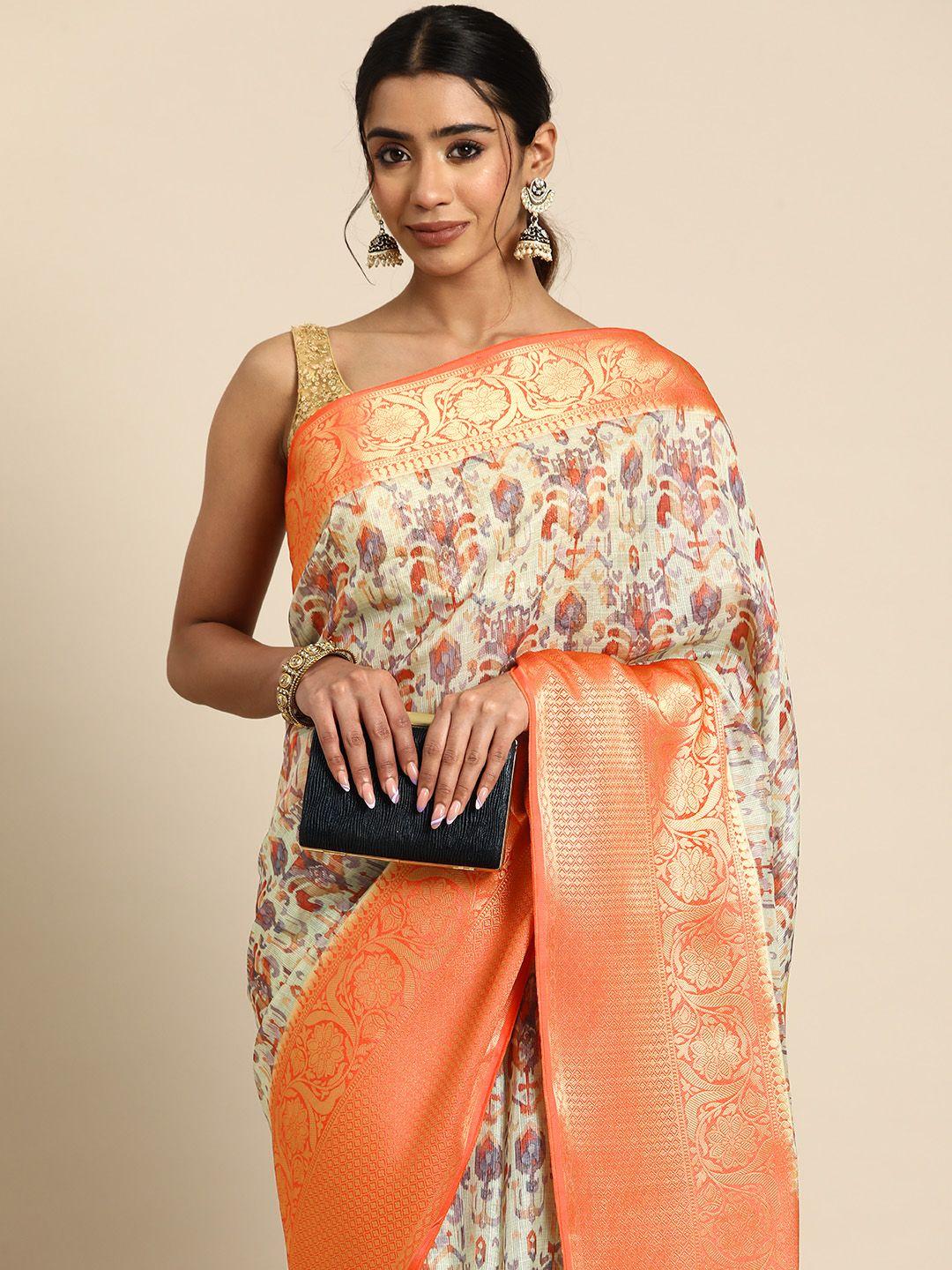 silk land abstract printed zari muga saree