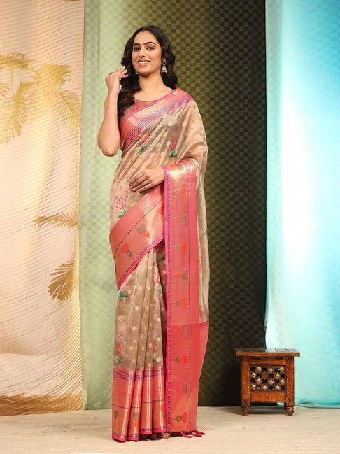 silk land art silk beige & pink floral print saree with blouse