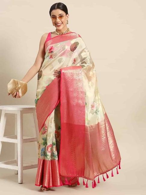 silk land art silk beige woven saree with unstitched blouse