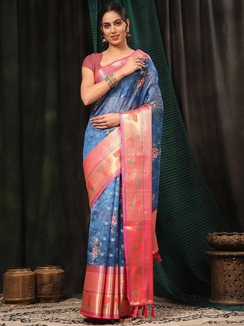 silk land art silk blue & pink floral print saree with blouse