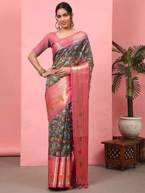 silk land art silk brown & pink printed saree with blouse