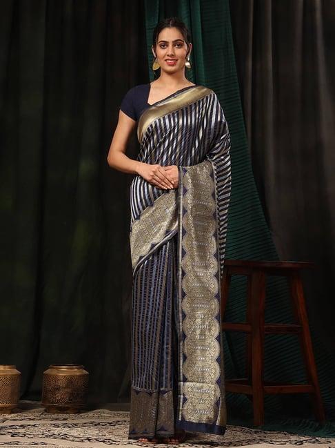 silk land art silk navy striped saree with blouse