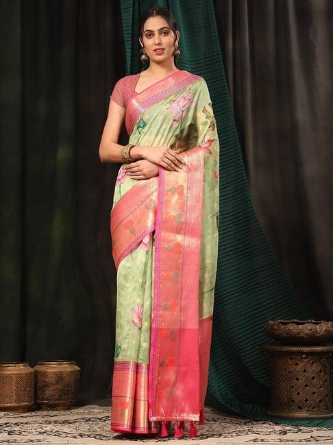 silk land art silk parrot green & pink floral print saree with blouse