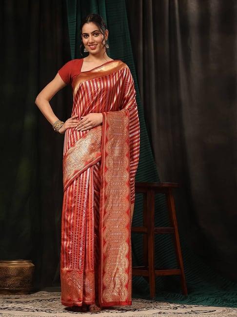 silk land art silk red striped saree with blouse