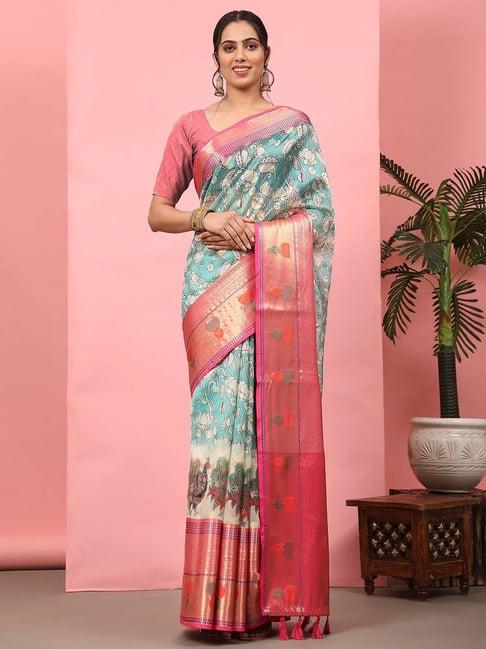 silk land art silk teal & pink floral print saree with blouse