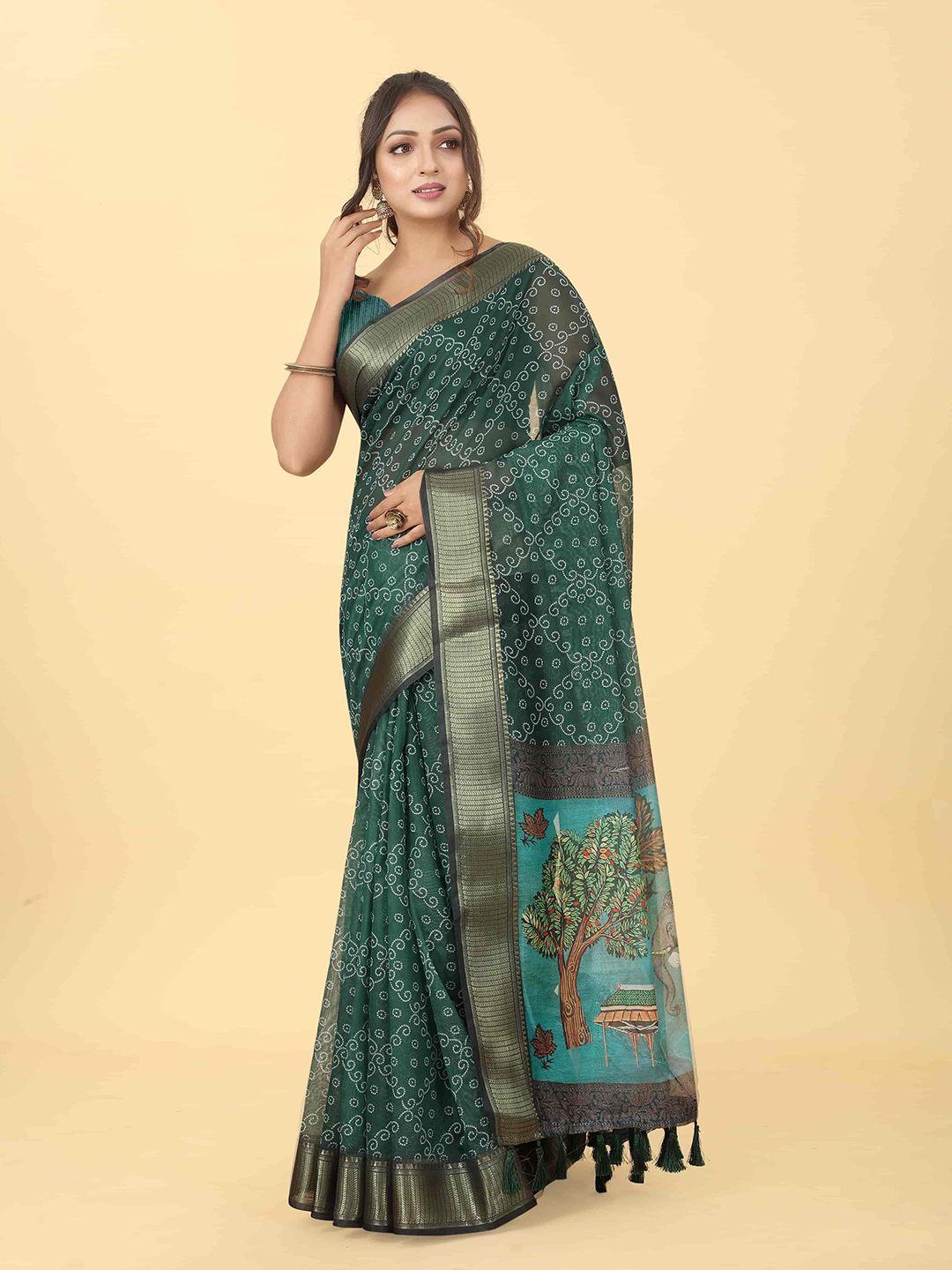 silk land bandhani block print zari tasseled saree