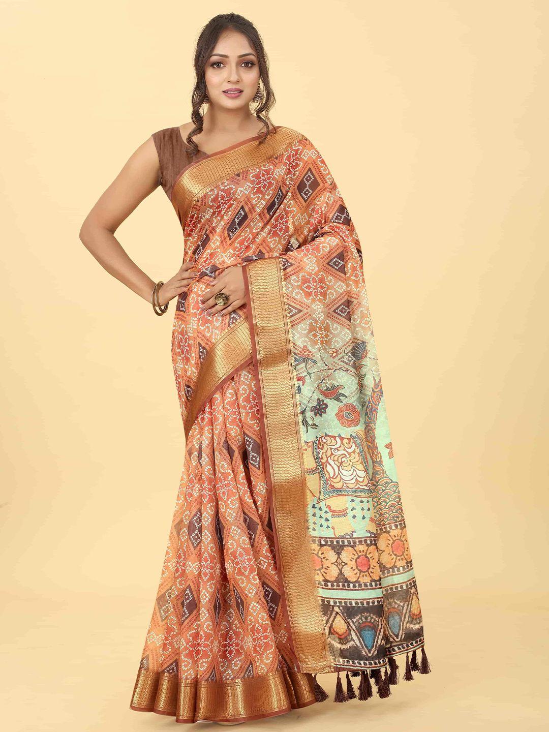 silk land bandhani block printed tasseled zari saree