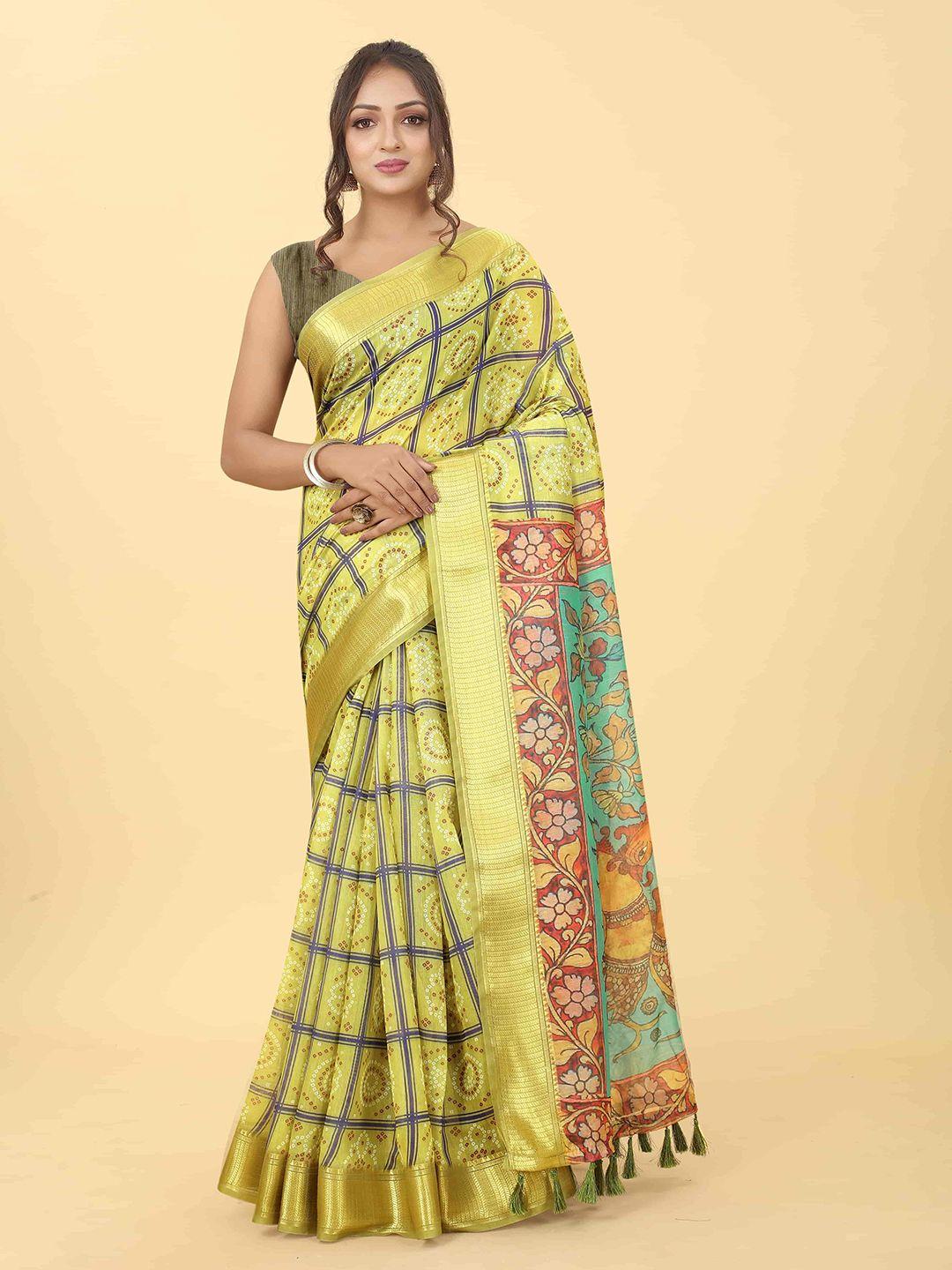 silk land bandhani block printed tasseled zari saree