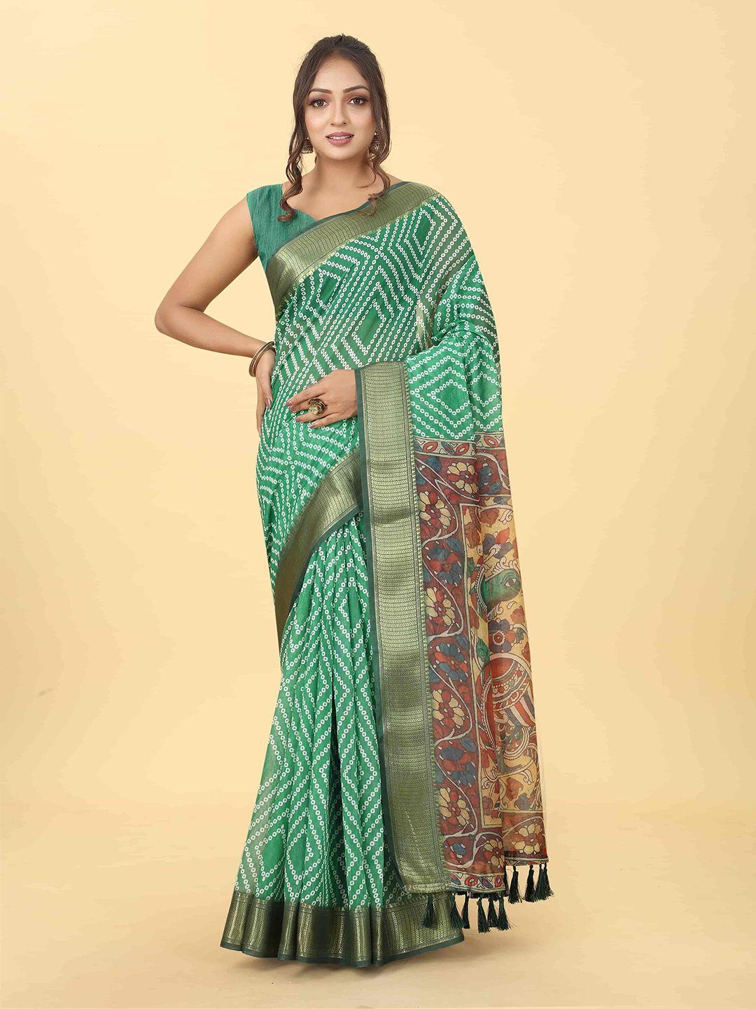 silk land bandhani block printed zari saree