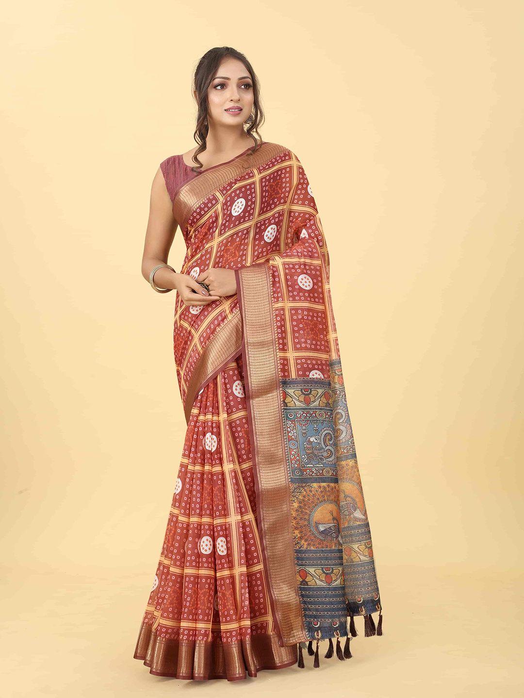 silk land bandhani block printed zari tasseled saree