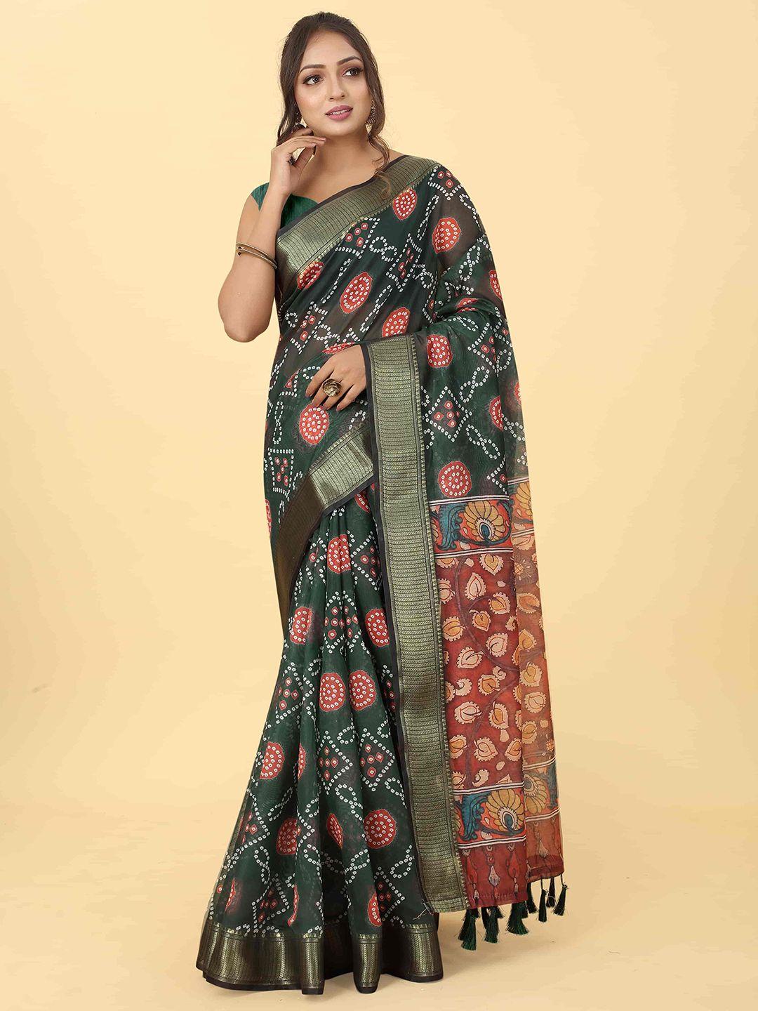 silk land bandhani printed kalamkari saree