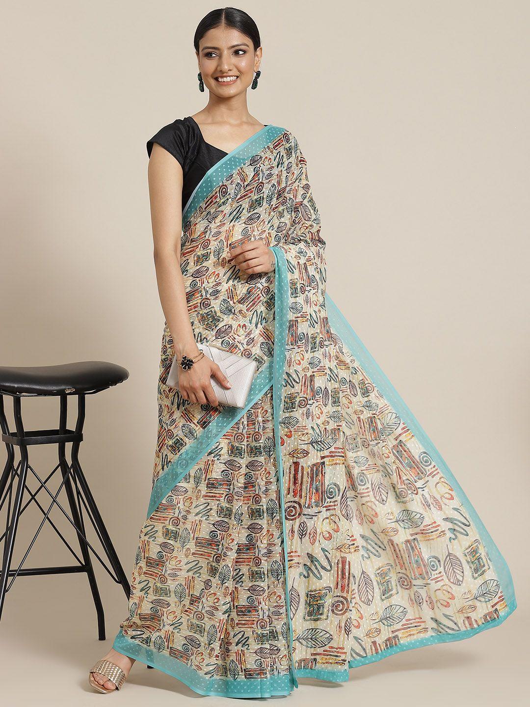 silk land beige & blue abstract printed saree