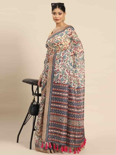 silk land beige & blue cotton floral print saree with unstitched blouse