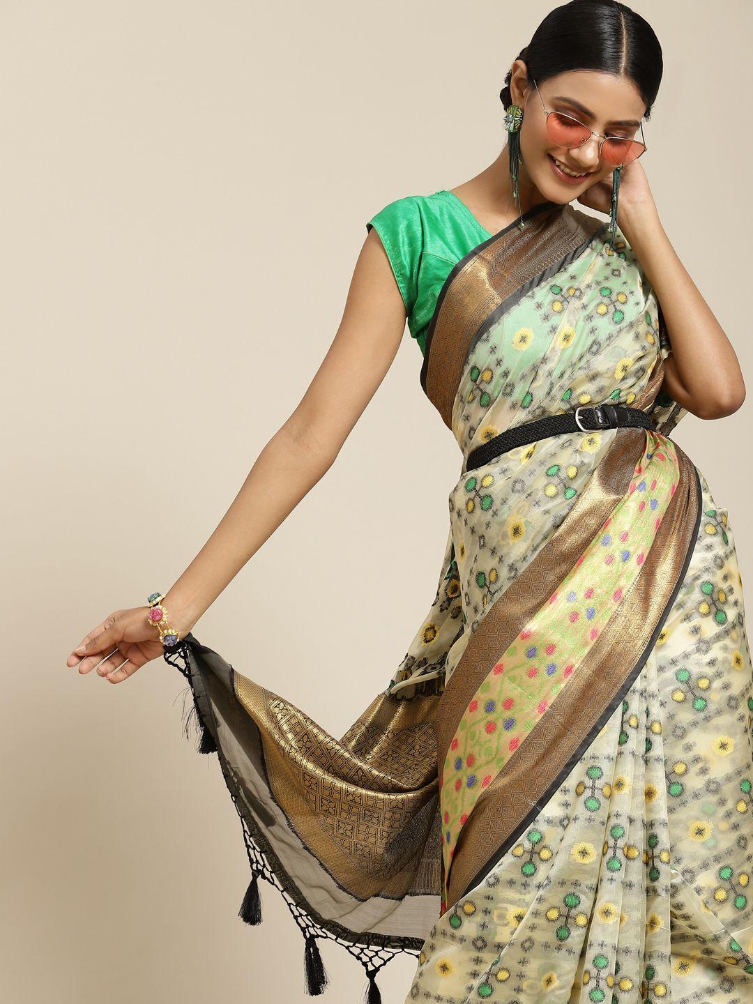 silk land beige & green ethnic motifs pure silk ikat saree