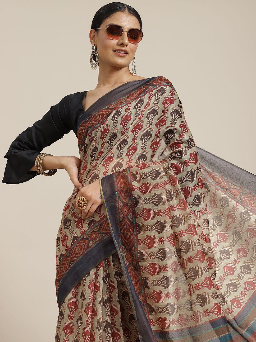 silk land beige & navy blue kalamkari chanderi saree