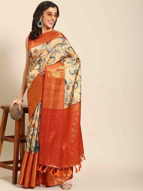 silk land beige & orange silk floral print saree with unstitched blouse