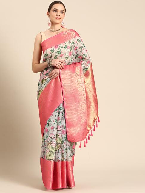 silk land beige & pink printed saree with unstitched blouse