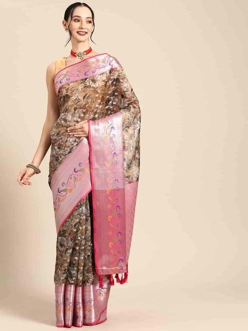 silk land beige & pink silk woven saree with unstitched blouse