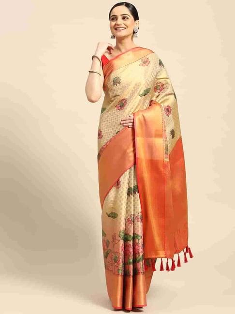 silk land beige & red silk woven saree with unstitched blouse