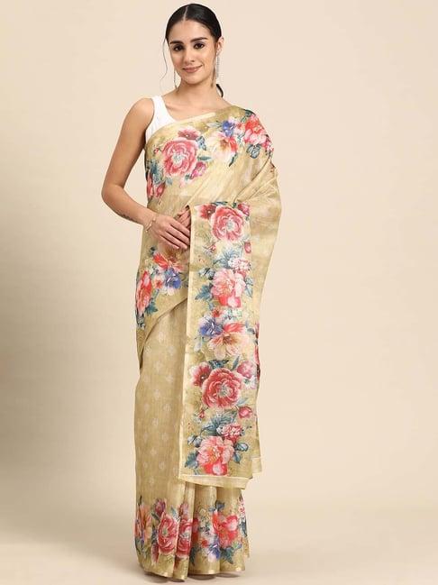 silk land beige floral print saree with blouse