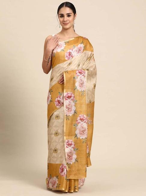 silk land beige floral print saree with blouse