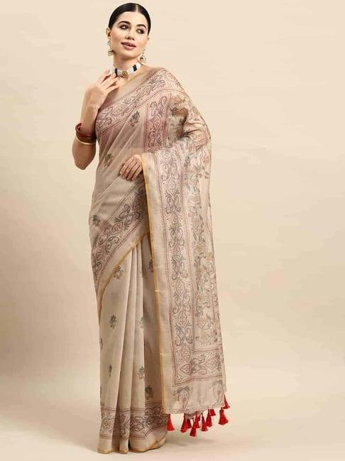 silk land beige printed saree with unstitched blouse