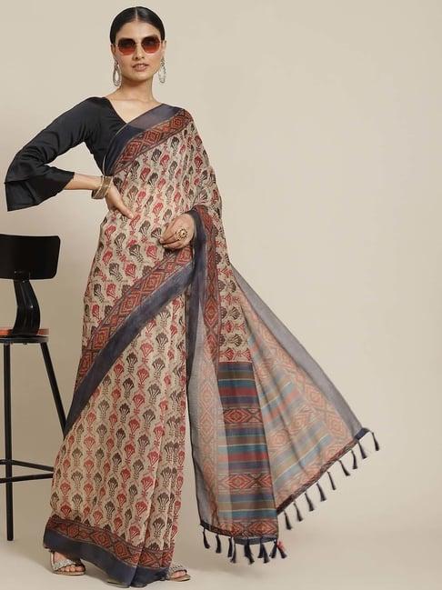 silk land beige printed saree with unstitched blouse