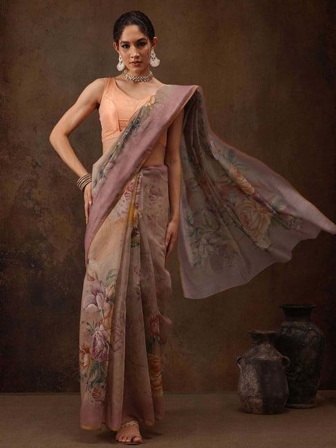 silk land beige printed saree with unstitched blouse