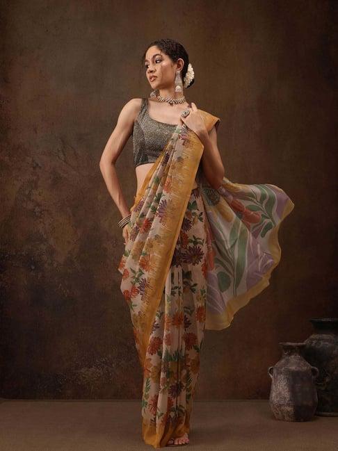 silk land beige printed saree with unstitched blouse