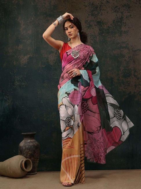 silk land beige printed saree with unstitched blouse