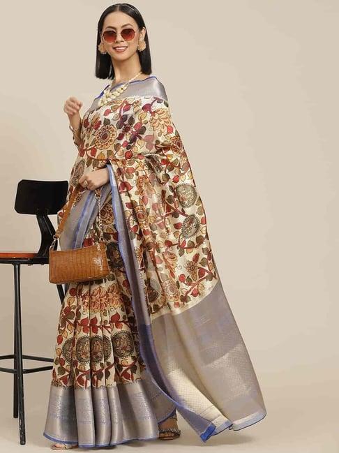 silk land beige silk floral print saree with unstitched blouse