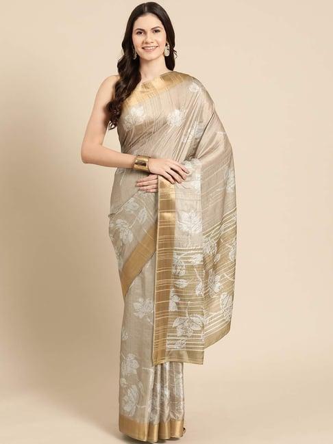 silk land beige silk floral print saree with unstitched blouse